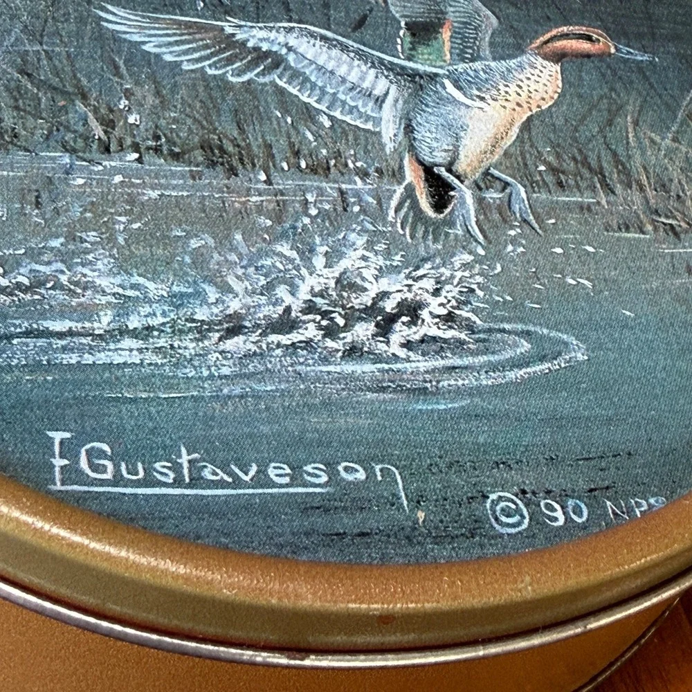 F. Gustaveson Vintage 1990 Flying Ducks Wildlife Round Metal Storage Tin Gold